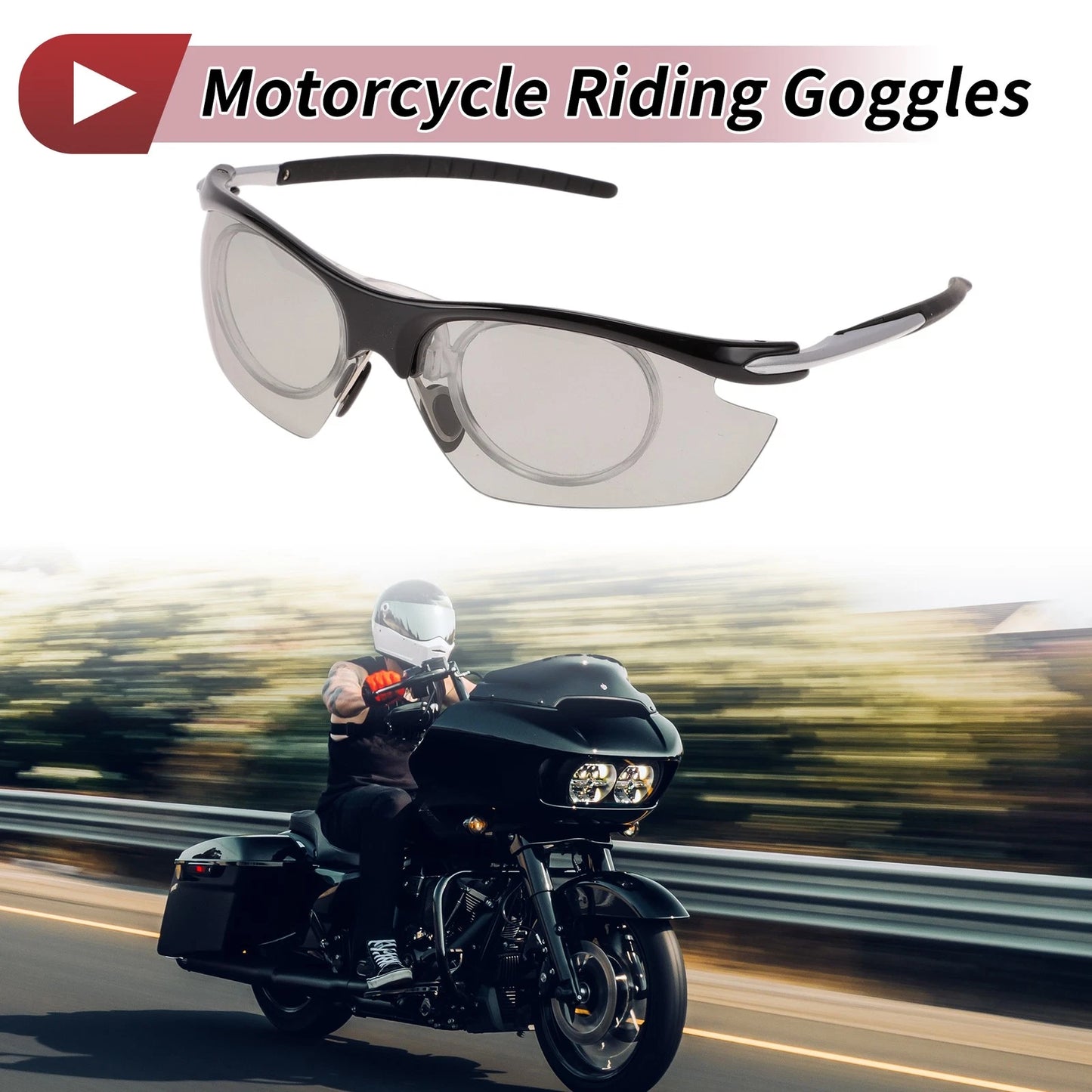 1 Pc Motorcycle Riding Goggles Light Gray Lens Black Gray Frame