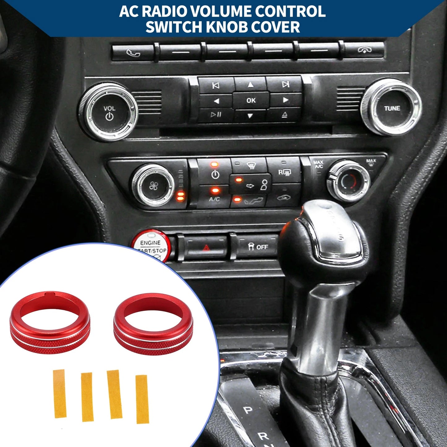 AC Climate Switch Knob Cover Ring for Ford Mustang (2015-2021) - 2 Pcs Red