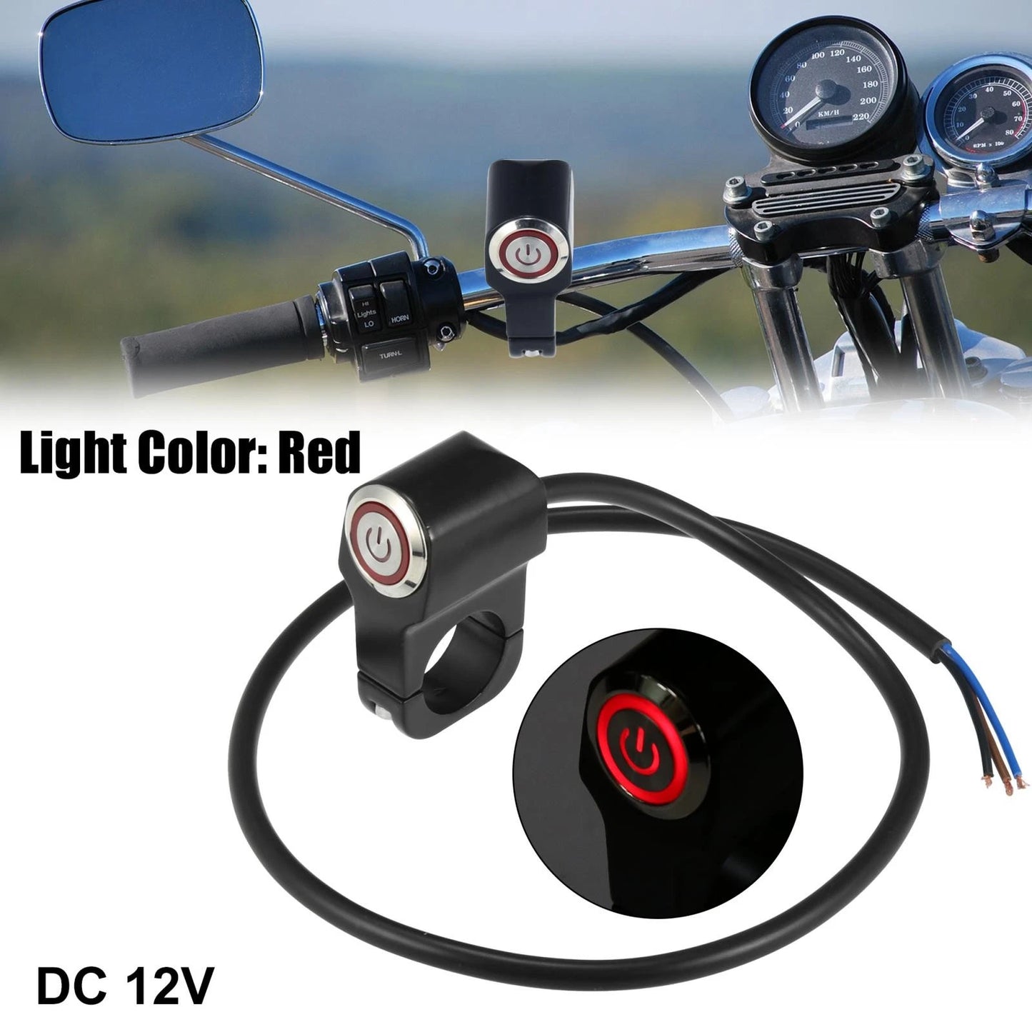 7/8 22mm Handlebar Control Horn Start Switch with Lock Red Light for Motorcycle