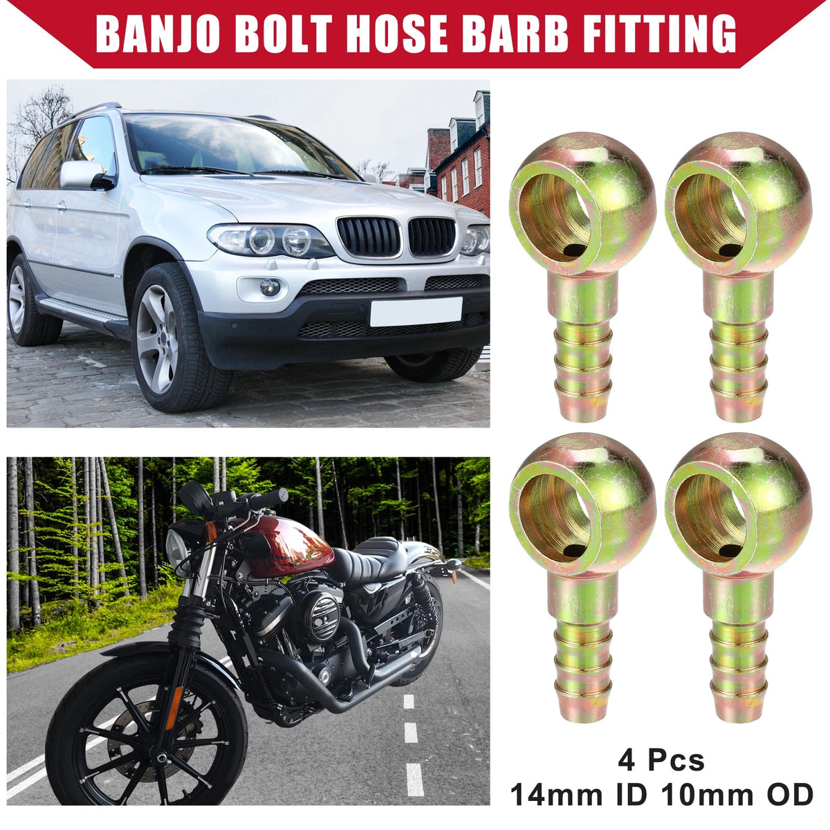 4 Pcs Banjo Bolt Hose Barb Fitting 14mm ID 10mm OD for Car Motorcycle