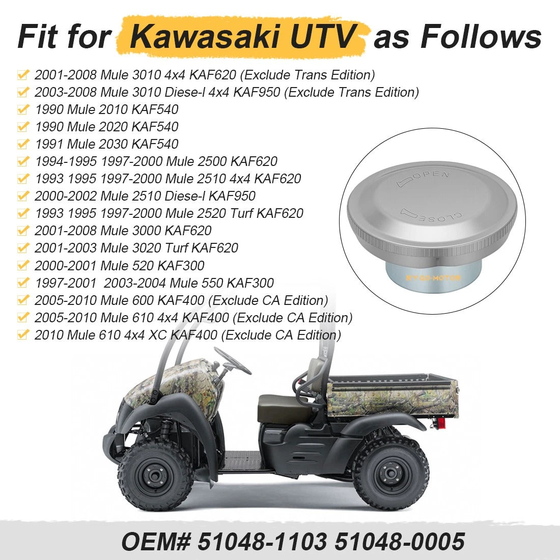 Fuel Cap for Kawasaki Mule 520 550 600 610 2500 3000 (2010-2030)