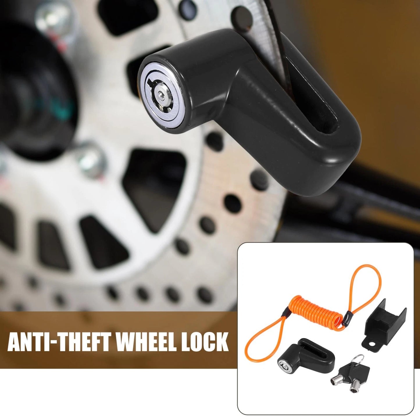 Disc Brake Lock Black with Orange Rope Set for Universal Motorcycle