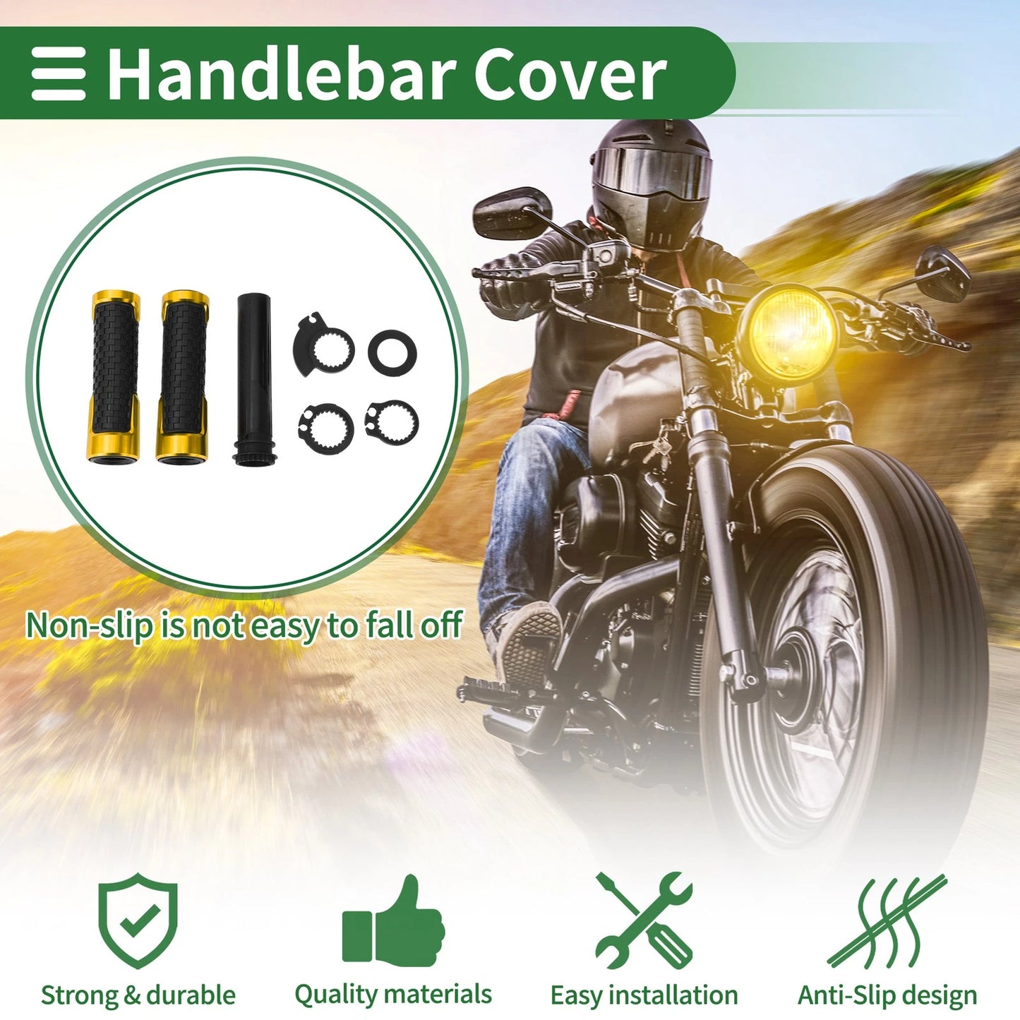 7/8 22mm Hand Grips Cover Kit for Motorcycle Black Gold Tone Square