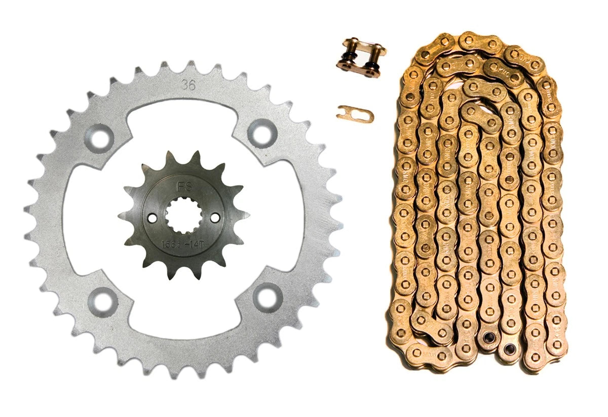 2 x Gold 520x96 O-Ring Chain & 14/36 Sprockets for Suzuki LT-R450 (2004–2006)