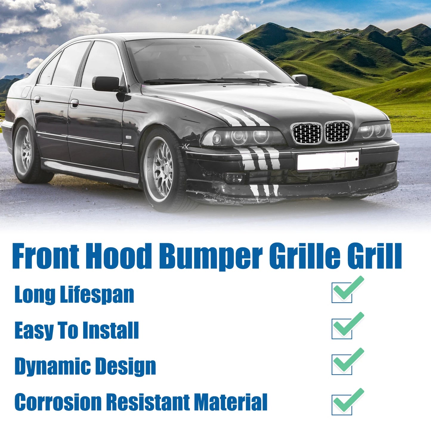 Front Hood Bumper Grille for BMW 525i 530i E39 Chrome Silver Tone (1996-2003)