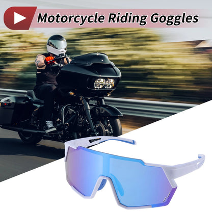 Motorcycle Riding Goggles Blue Lens White Frame PC Cycling Sunglasses