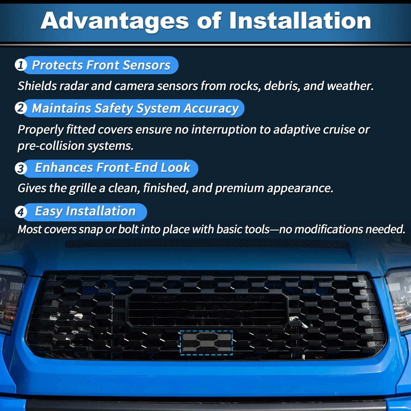 Front Grille Garnish Radar Sensor Cover for Toyota Tundra 2018-2021