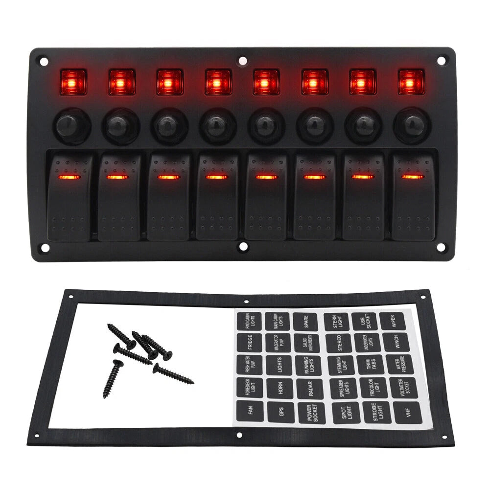 8 Gang Red LED Toggle Rocker Switch Panel for Car RV Marine Boat