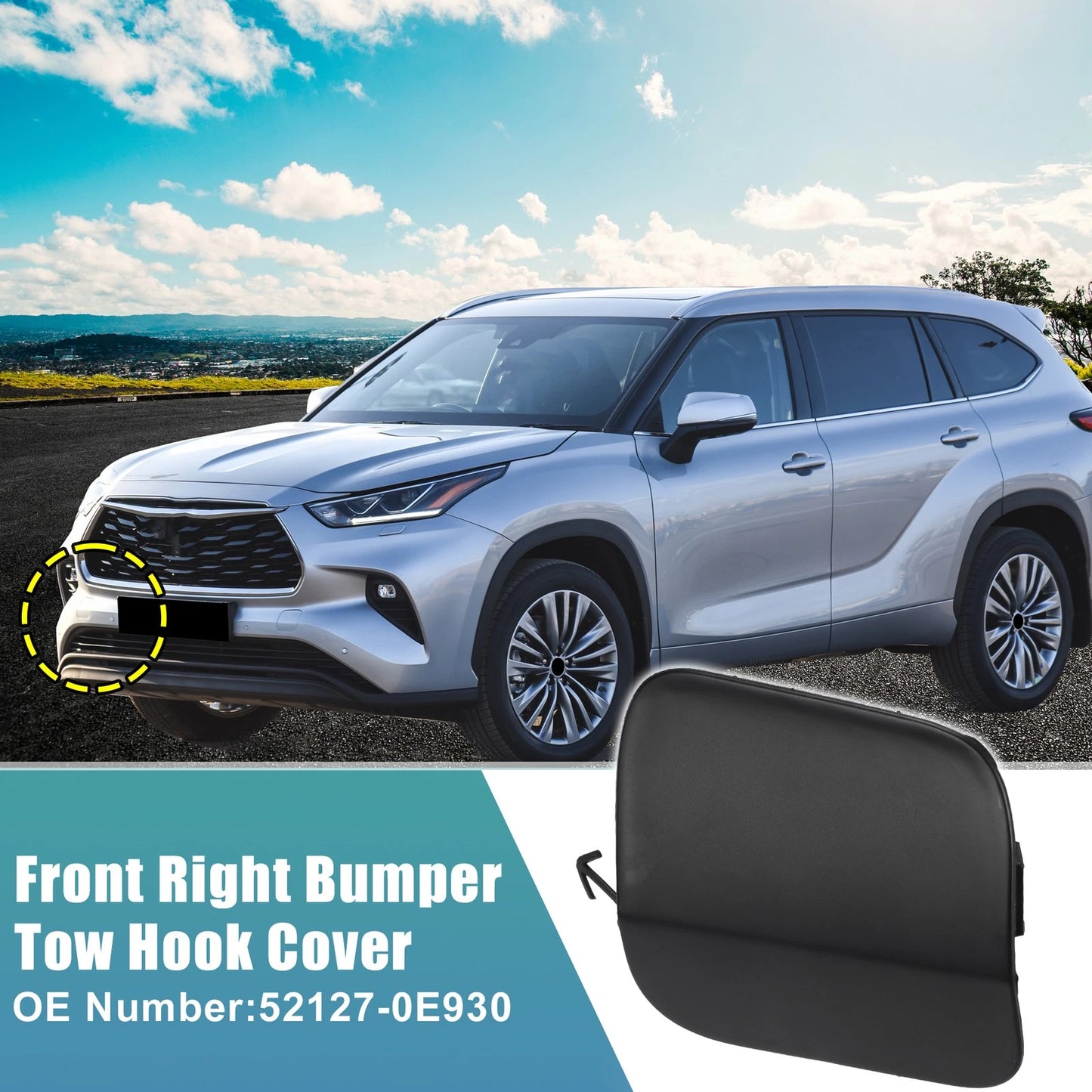 Front Right Bumper Tow Hook Cover for Toyota Highlander (2014-2019) Black