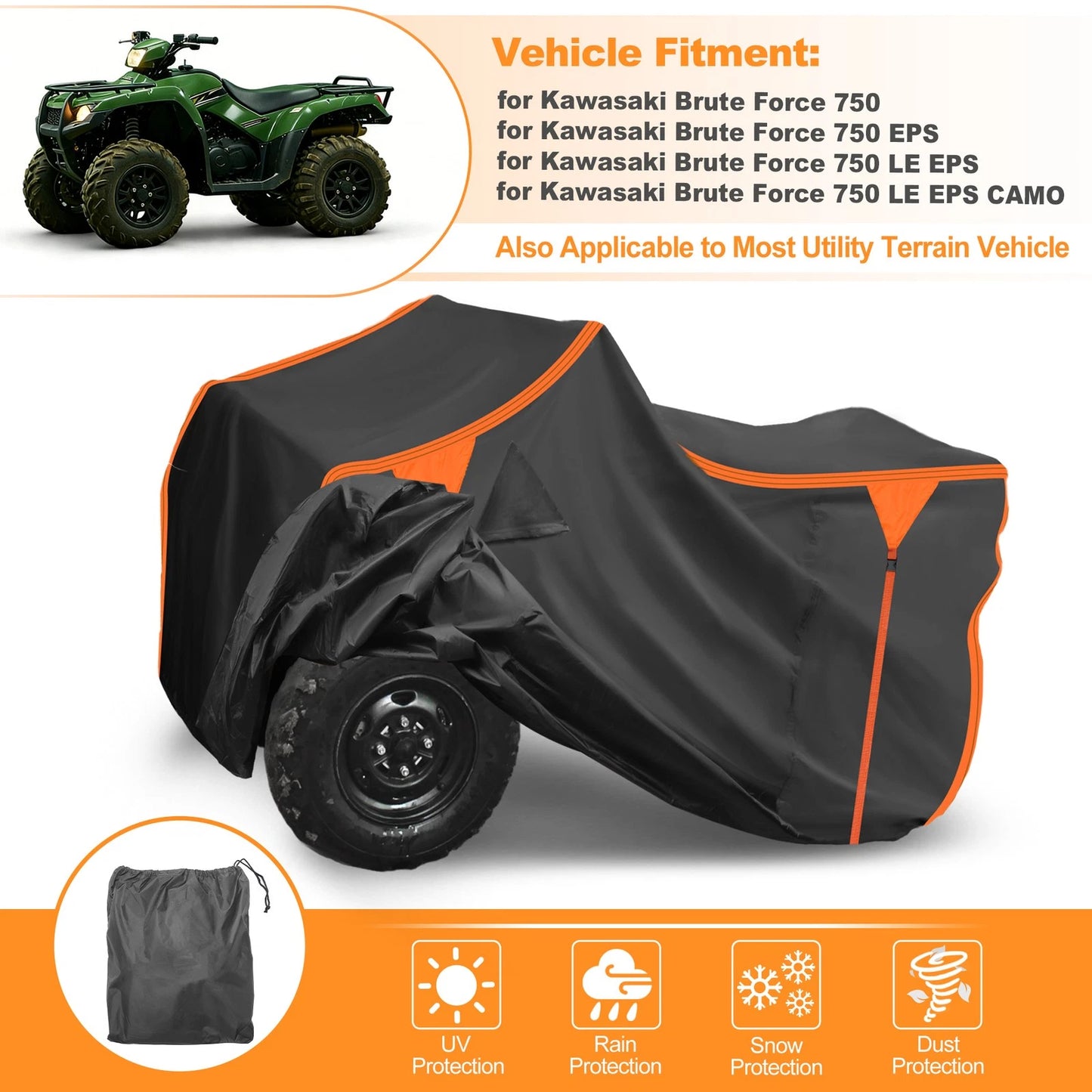 Waterproof ATV Cover 4 Wheelers Quad Cover for Kawasaki Brute Force 750