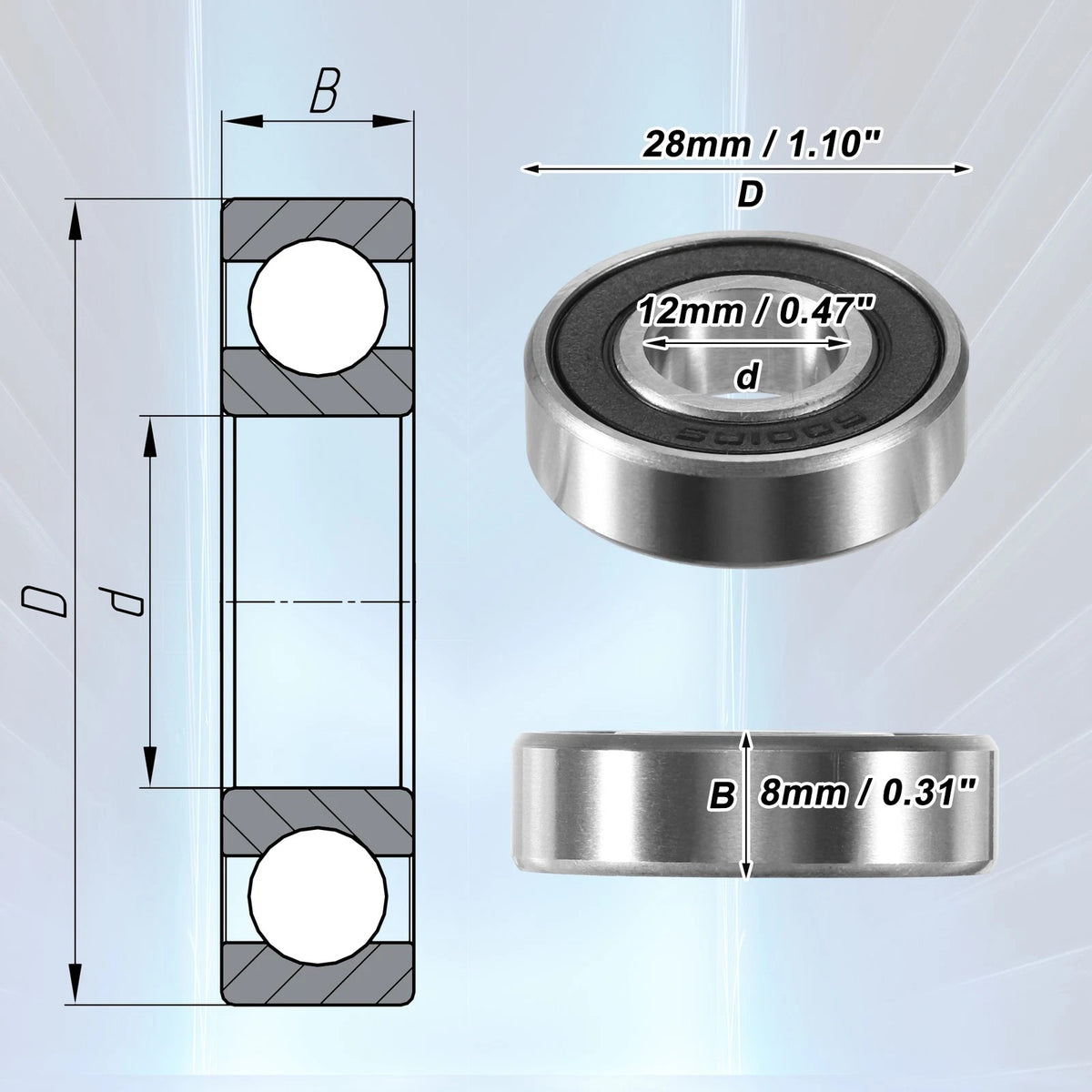 2 x Bearings 12x28x8mm Double Rubber Sealed Ball Bearings for Vehicle