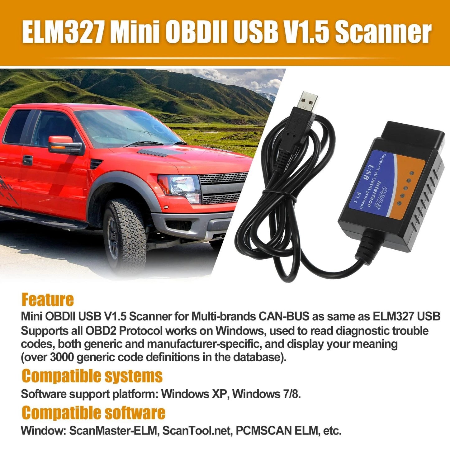 MINI OBDII USB V1.5 Scanner Diagnostic Cable for Windows