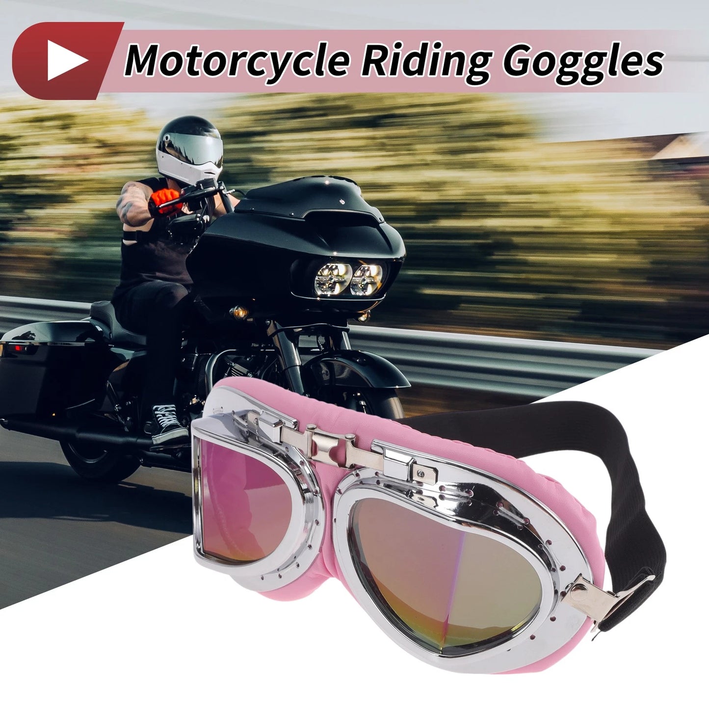 1 Pc Motorcycle Riding Goggles Colorful Lens Pink Silver Tone Frame PC PU