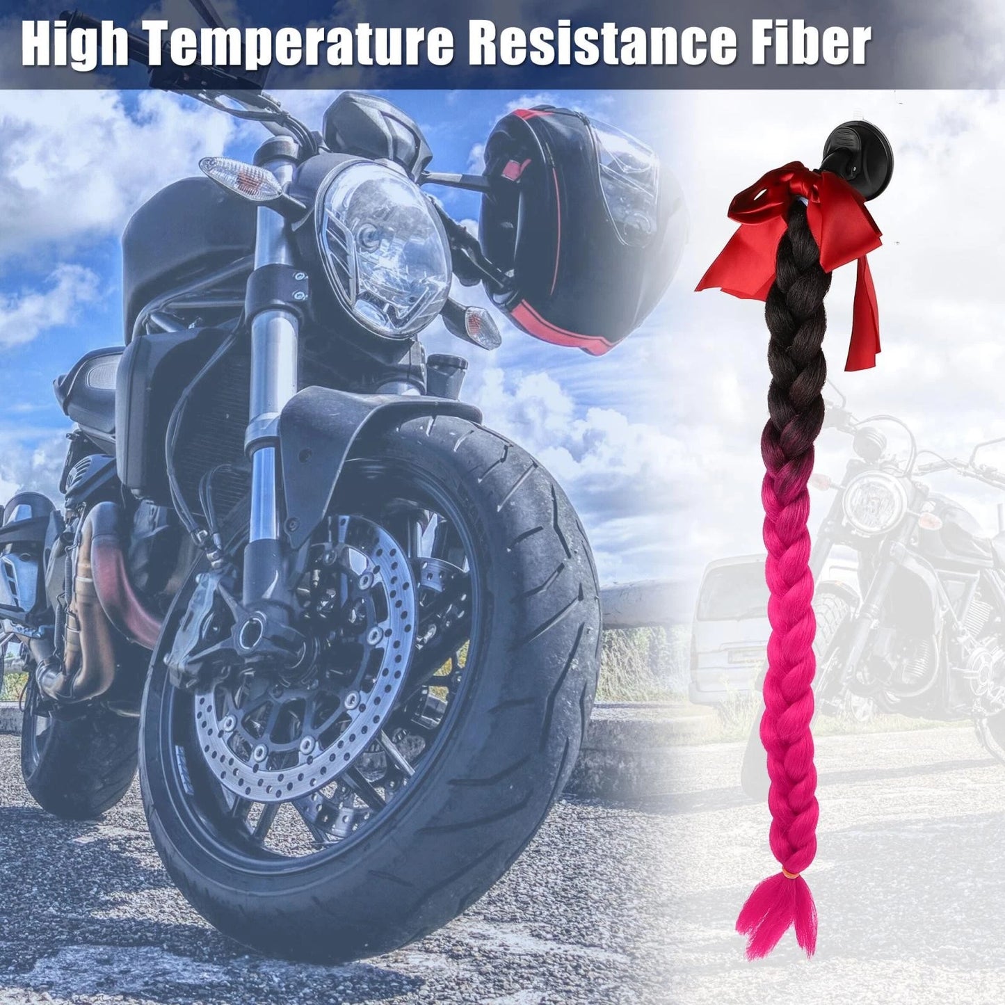22" Helmet Pigtail Braids Hair Suction Cup for Bicycle Motorcycle Black Rose Red