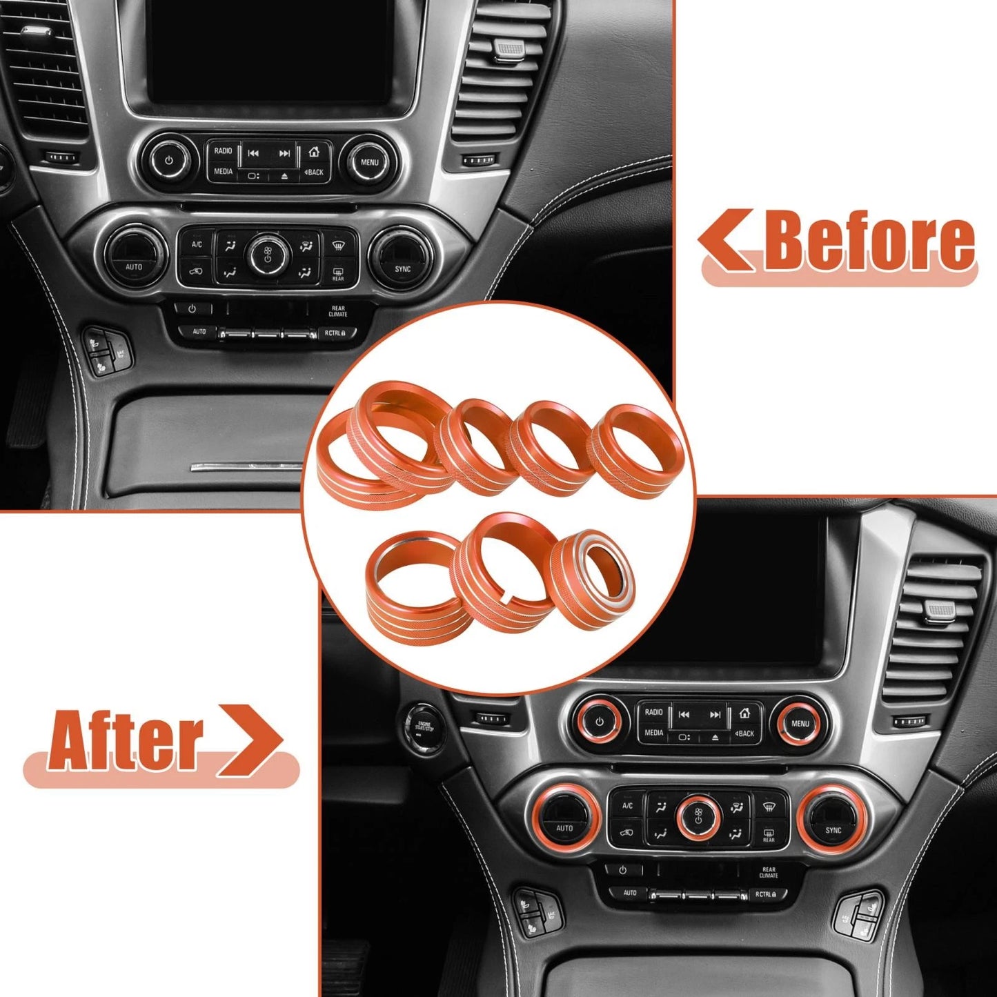 8 x Orange AC Radio Switch Knob Covers for Chevy Silverado & GMC Sierra (14-18)