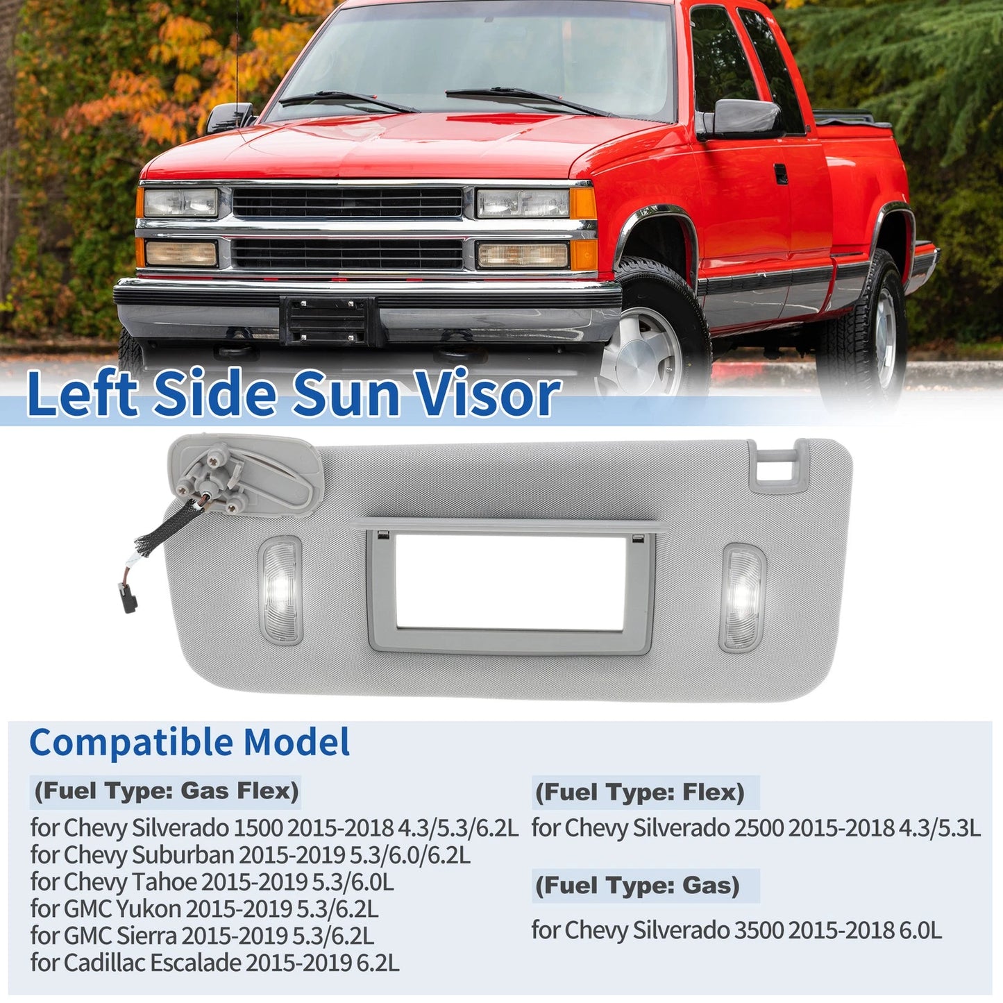 Left Side Sun Visor Gray for Chevrolet Silverado 1500 2500 3500 (2015-2018)