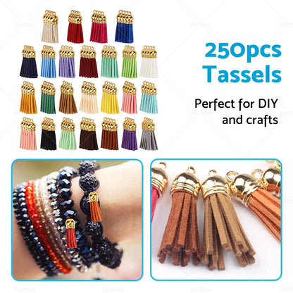 250PCS Bulk Colored Leather Tassel Pendants for Keychain Jewelry DIY