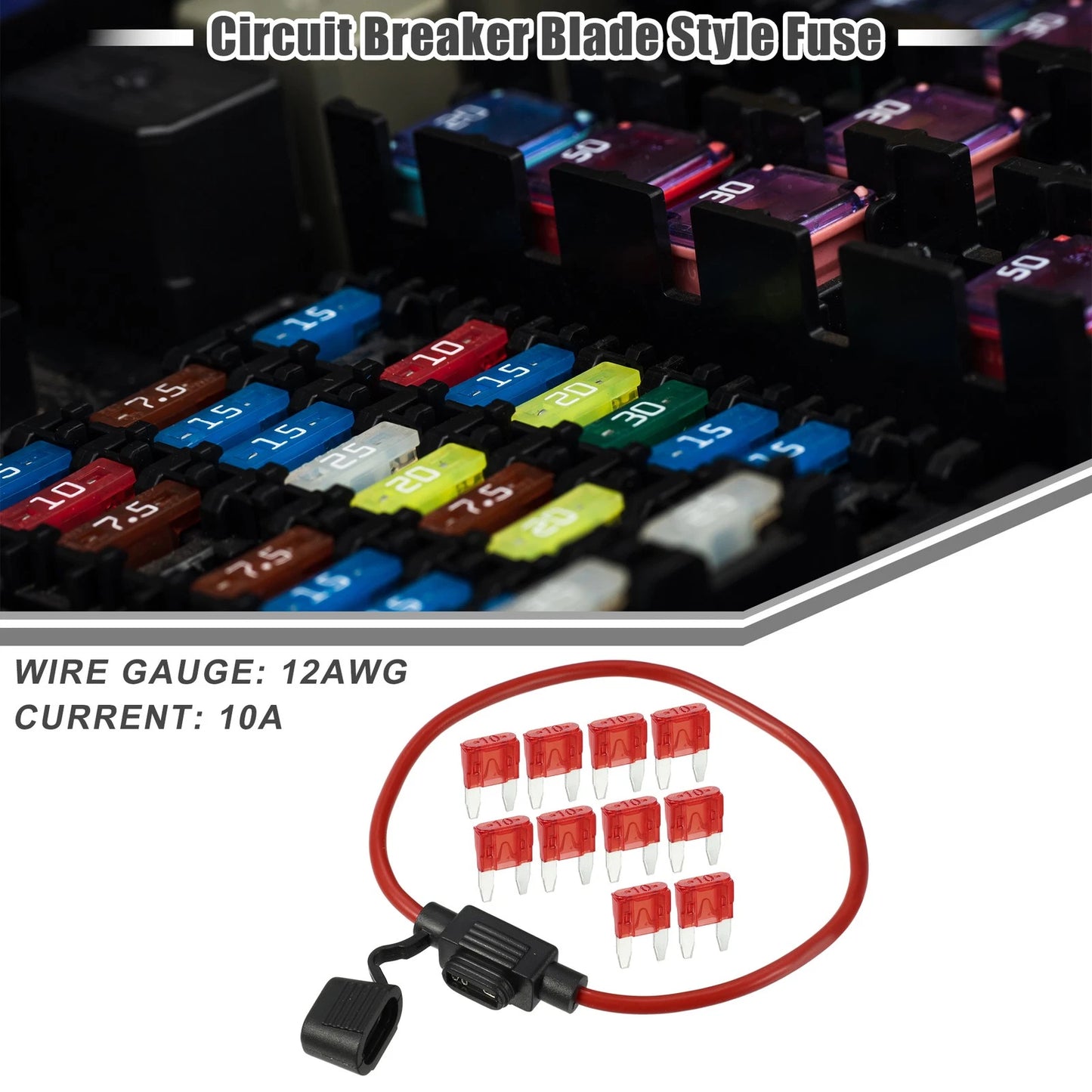 10A Mini Blade Style Fuse Set with 12 AWG Holder for Car