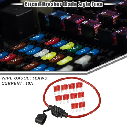 10A Mini Blade Style Fuse Set with 12 AWG Holder for Car