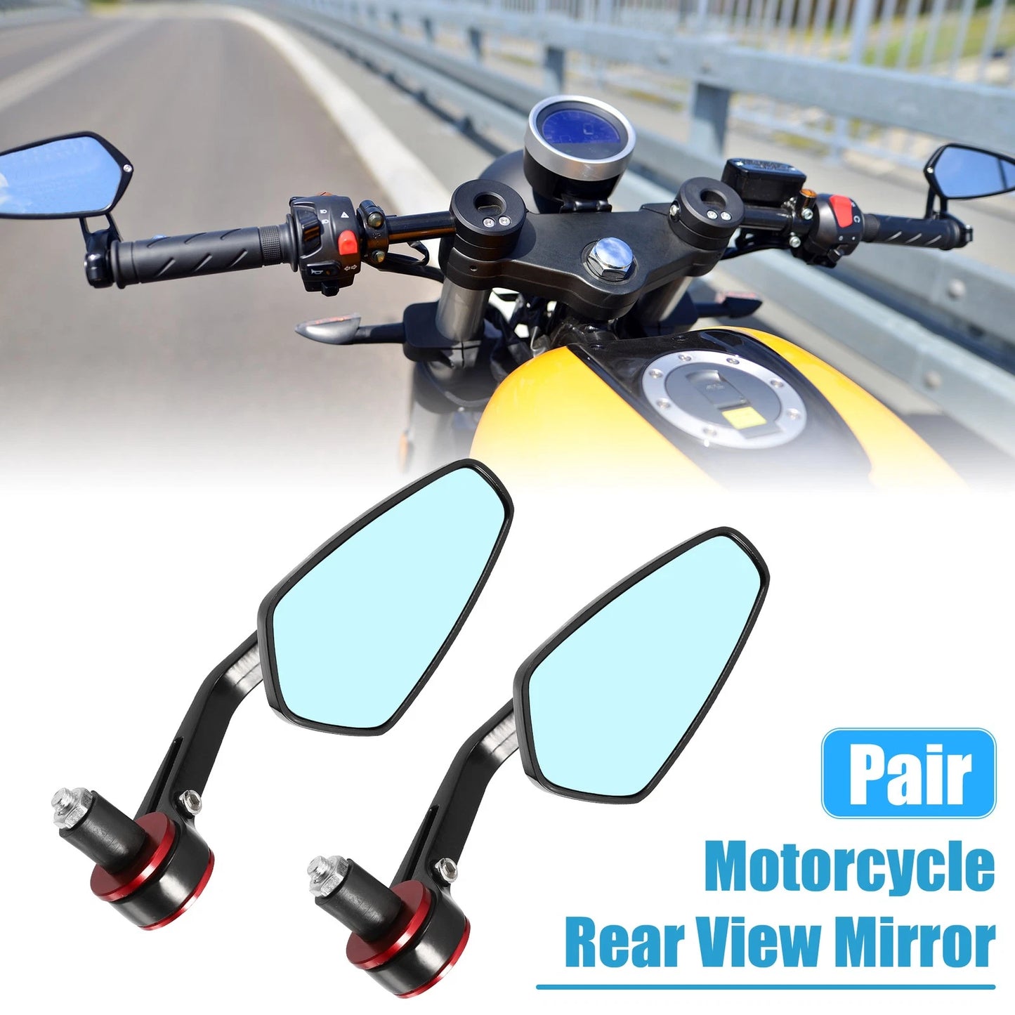 Motorcycle Rear View Side Handlebar Rearview Mirror Blue Lens Red 1 Pair
