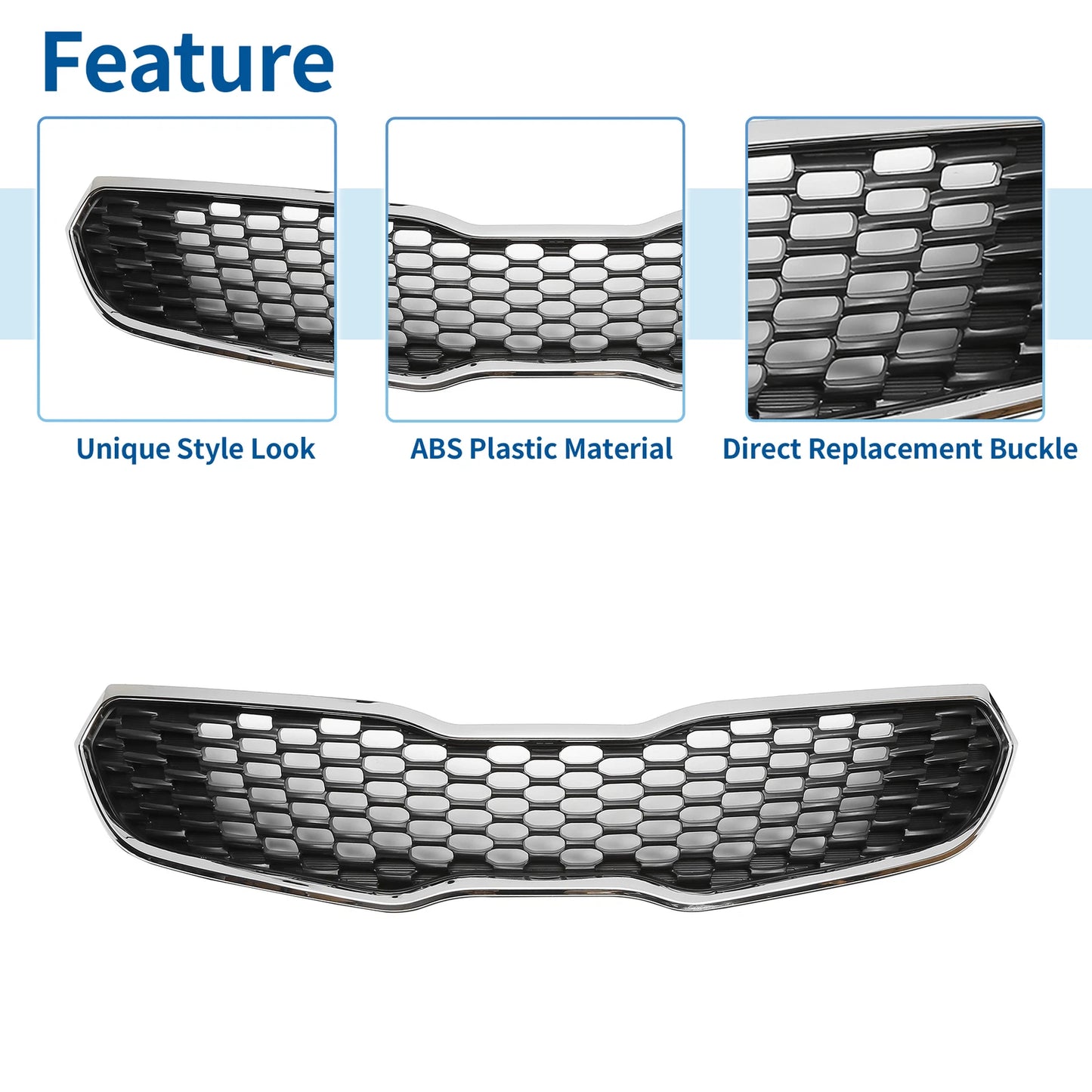 Upper Bumper Grille for Kia Forte (2014-2016) Black Chrome Silver Tone