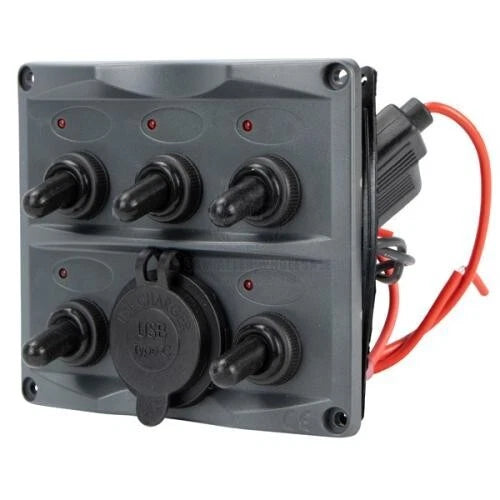 Marine Switch Panel 5 Gang with Dual USB Port & LED Indicators, Water Resistant