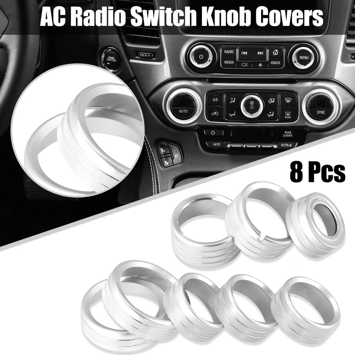 8 x Silver Tone AC Radio Knob Cover for Chevy Silverado / GMC Sierra