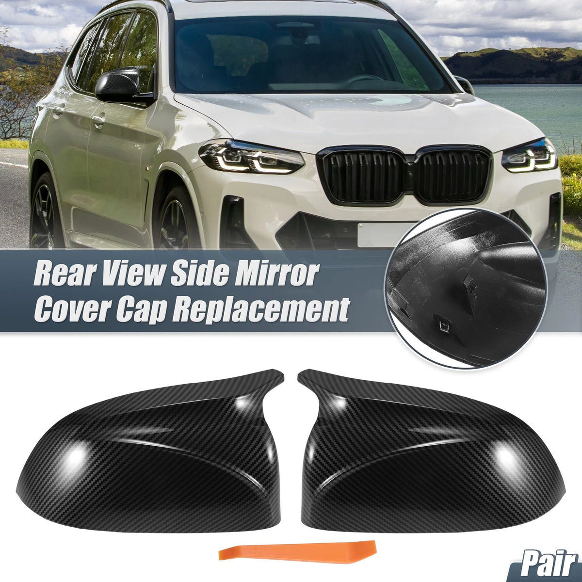 Rearview Mirror Cover Cap Black Carbon Fiber Pattern for BMW X3 X4 X5 X6