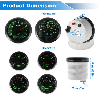 6 Gauge Set GPS Speedometer Tacho Fuel/Temp/Oil/Volt for Marine Boat Car Black