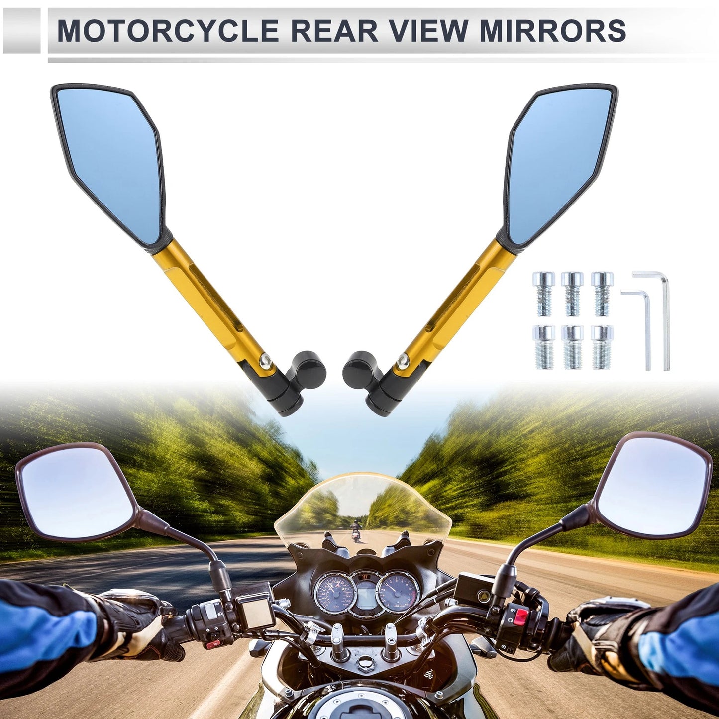 Rear View Mirrors Black Gold Tone Aluminum Alloy for M8/M10 Motorcycle