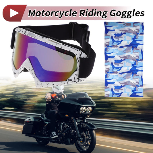 Motorcycle Riding Goggles Blue Lens Black White Frame PC TPU Cycling Sunglasses