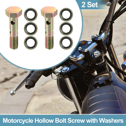 2 x M6x1 28mm Length Hollow Bolt Screws with Washer for Motorcycle