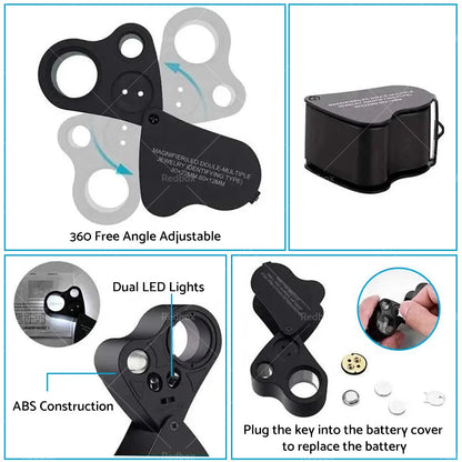 60X 30X LED Light Pocket Jewellers Loupe Magnifier for Jewelry