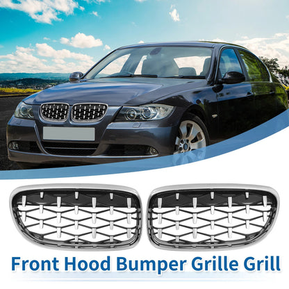 Front Hood Bumper Grille for BMW 335d 328i 335i E90 Silver Tone Pair