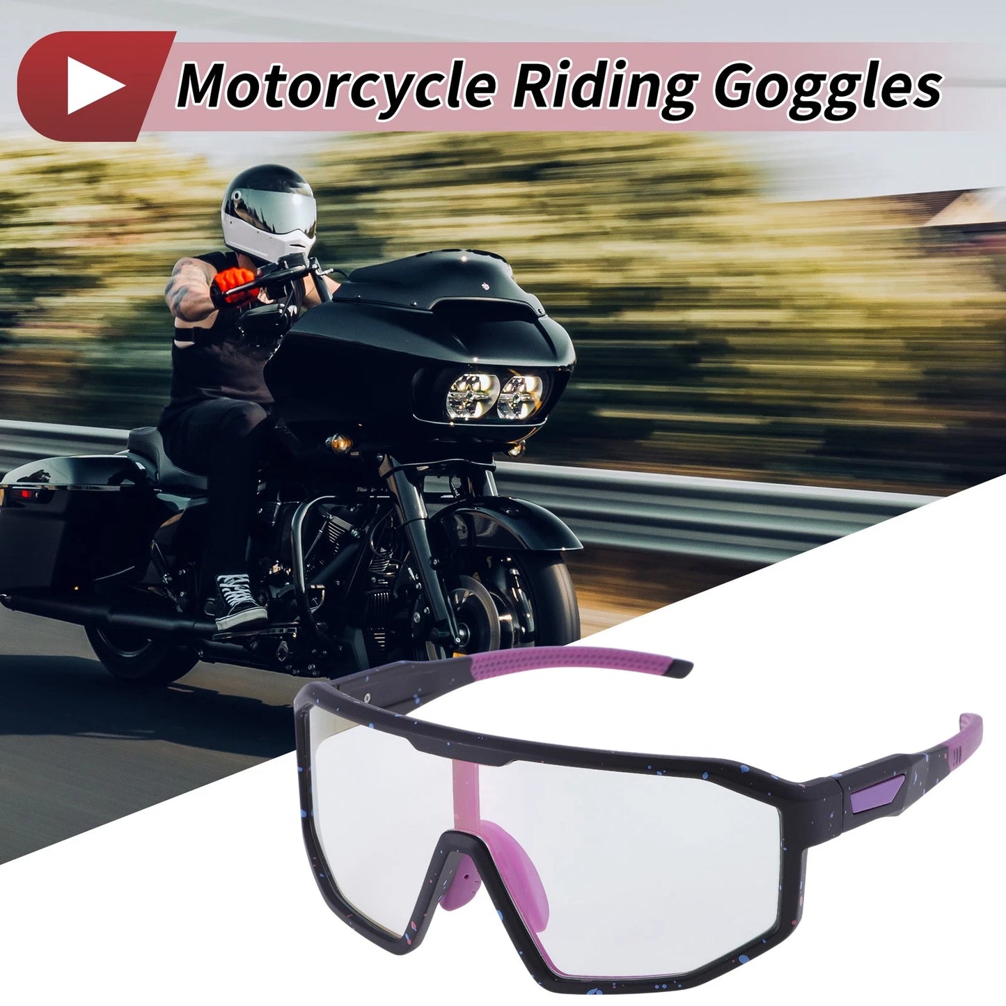 Motorcycle Riding Goggles Light Purple Lens, Black Frame, Red/Blue Spots