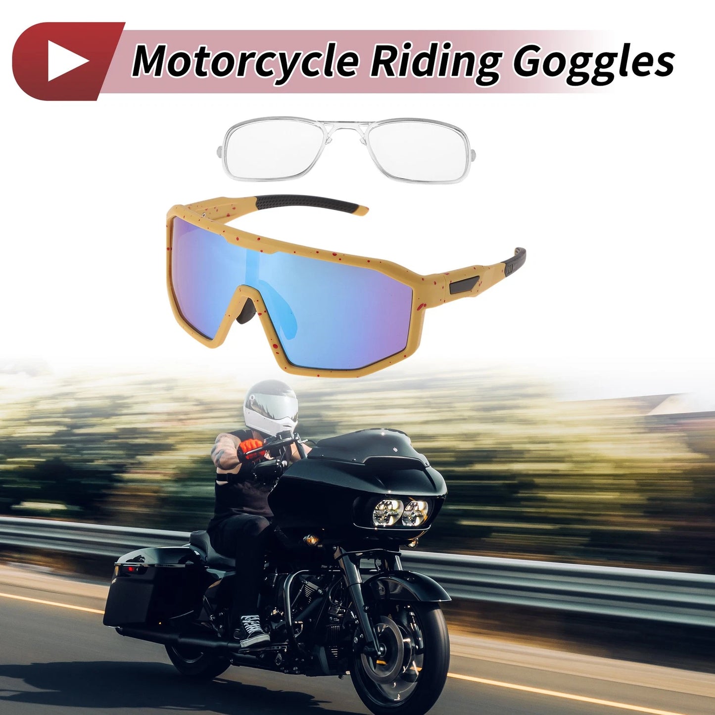 Motorcycle Riding Goggles Blue Lens Yellow Red Frame UV400