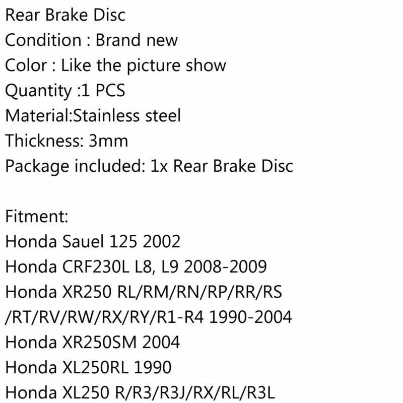 Rear Stainless Brake Disc Rotor for Honda CRF230L CRM250 XR250R XR400R (2003-2019)