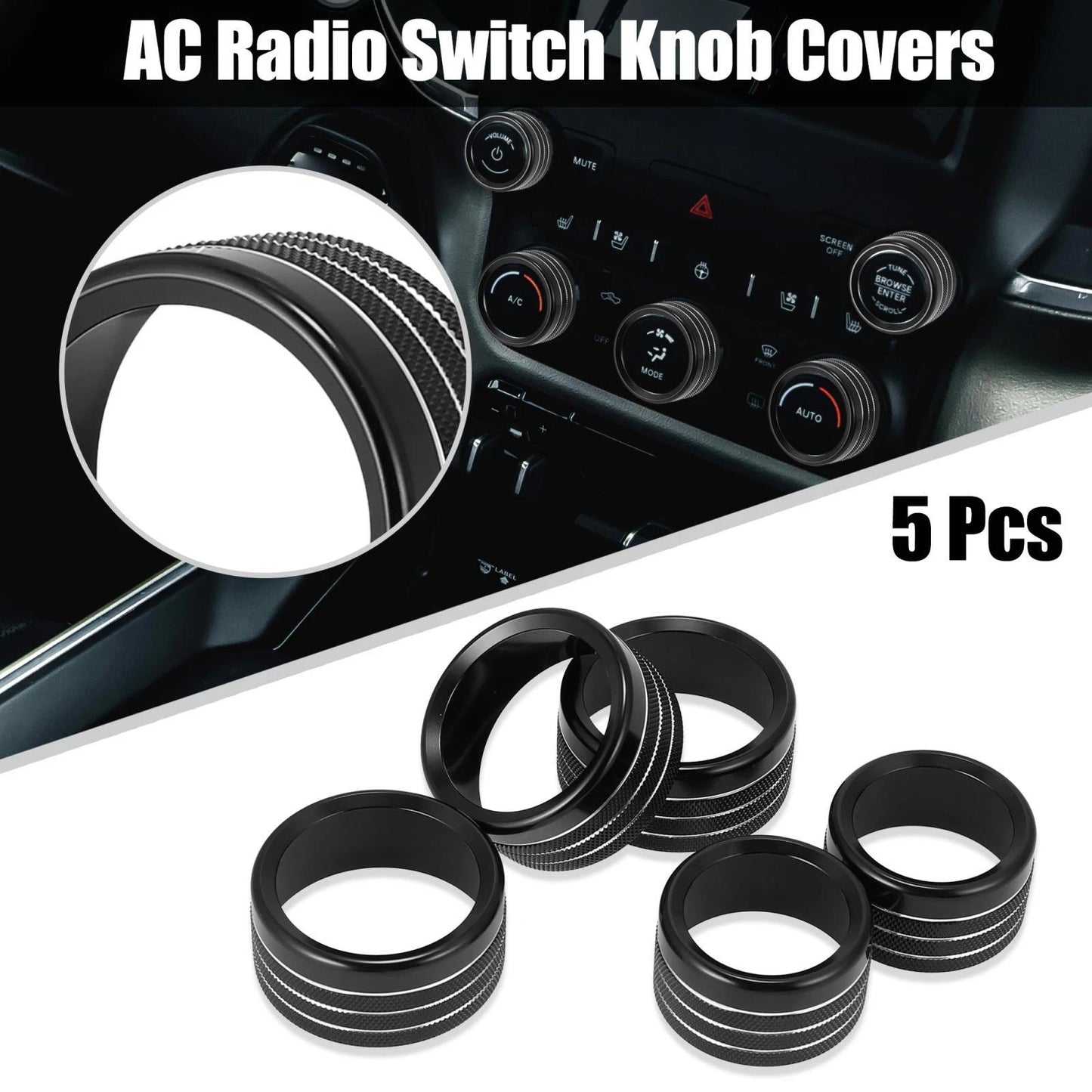 5pcs Black AC Radio Switch Knob Covers for Dodge Ram 1500 (2018-2020)