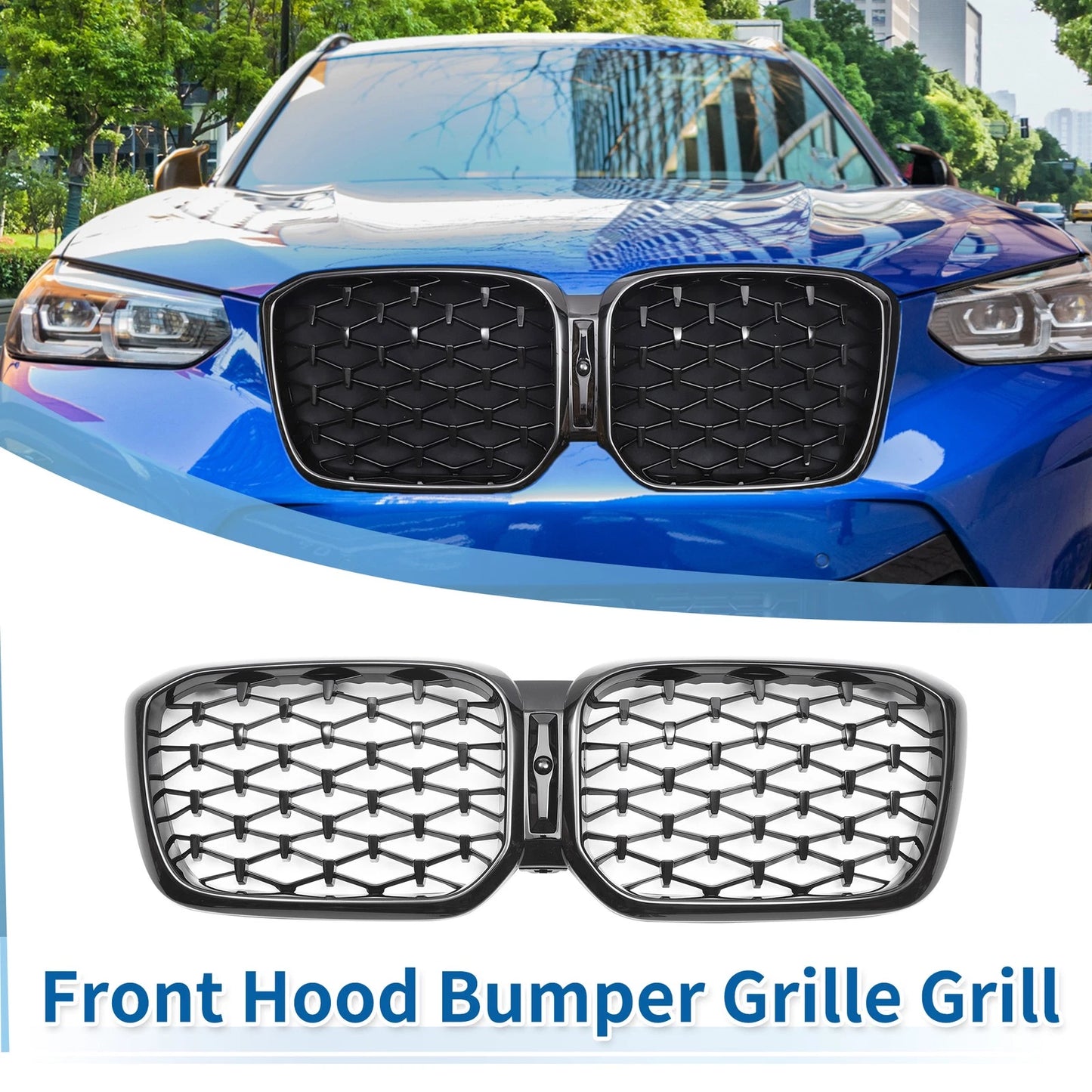 Front Upper Bumper Grille for BMW X3 G01 2020-2023 Diamond Star Gloss Black