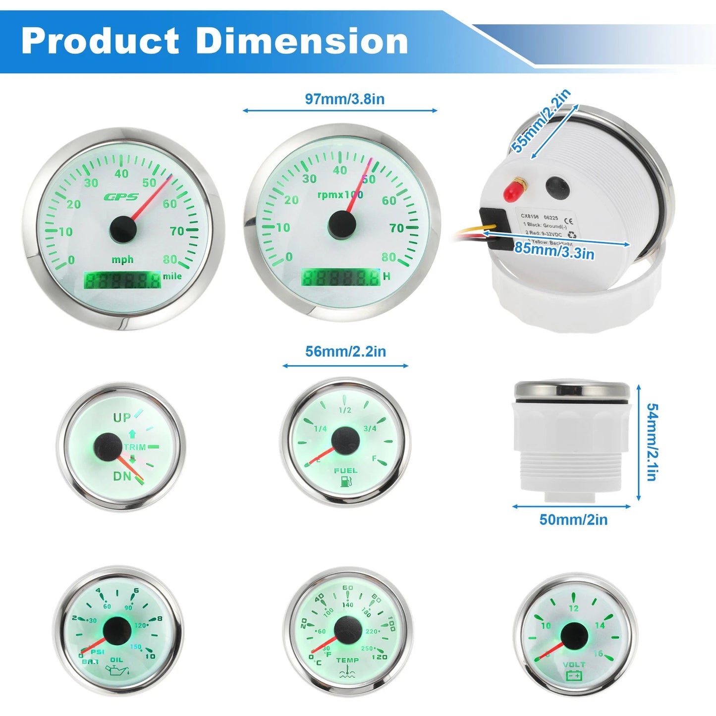 Boat 7 Gauge GPS Speedometer Tacho Fuel/Temp/Oil/Volt/Trim for Marine Car