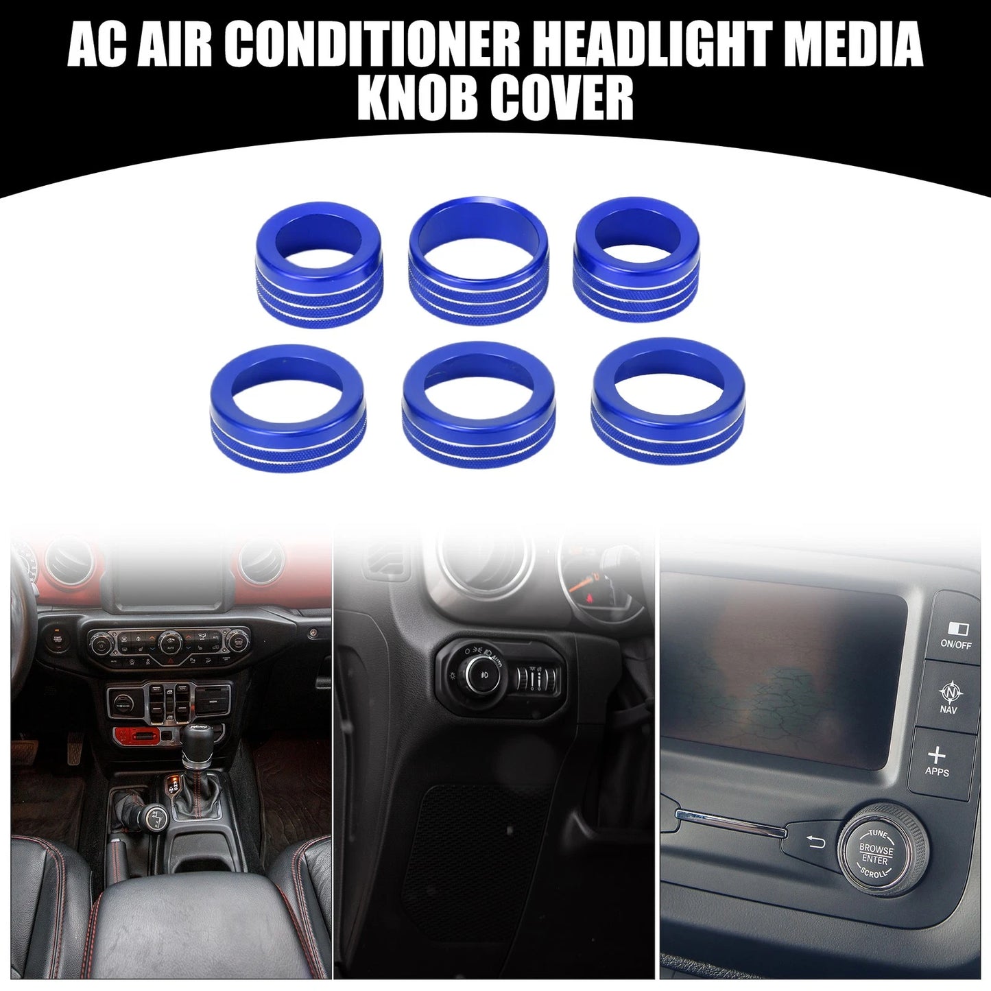 AC Headlight Media Switch Knob Cover Ring for Jeep Wrangler (2018-2023) 6 x Blue