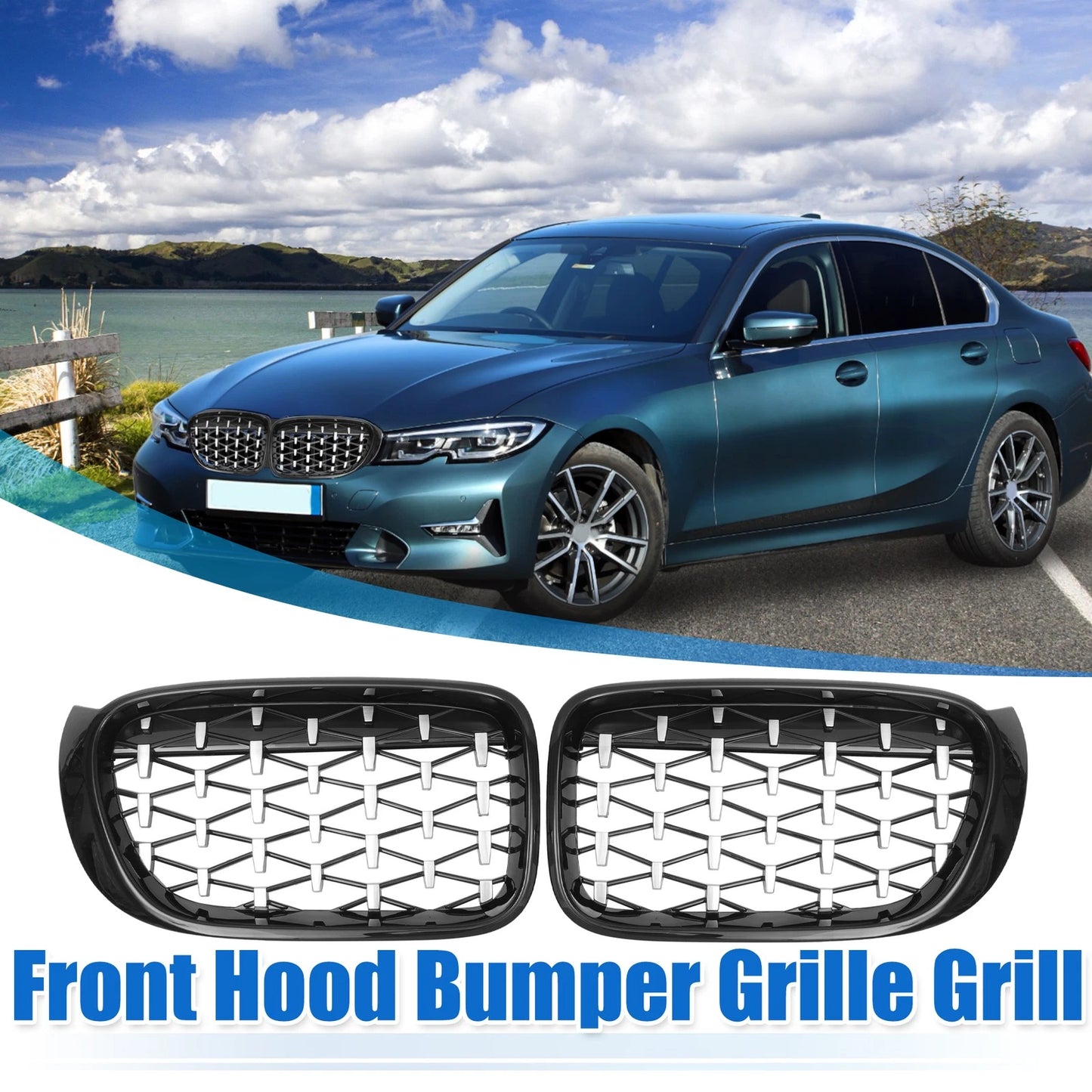 Front Hood Bumper Grille for BMW X3 2014-2017 2 x Diamond Star Black