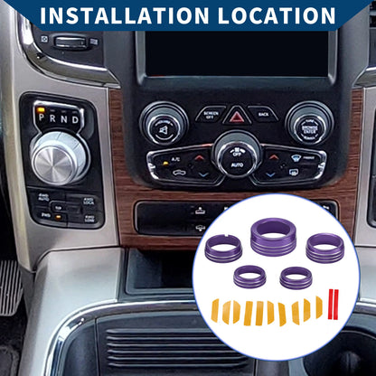 AC Gear Shift Headlight Media Knob Cover for Dodge RAM (2013-2017) Purple 5 Pcs