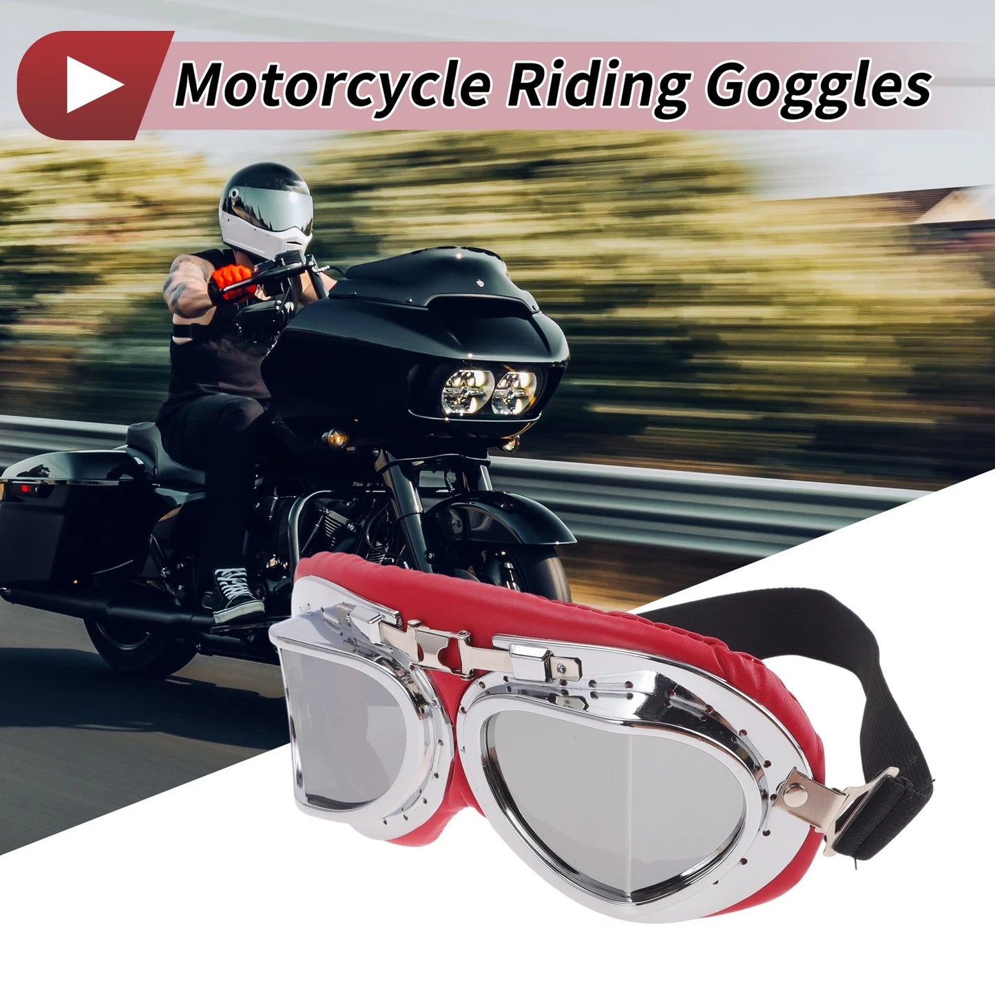 Motorcycle Riding Goggles Silver Tone Lens Red Silver Tone Frame PC PU Sponge