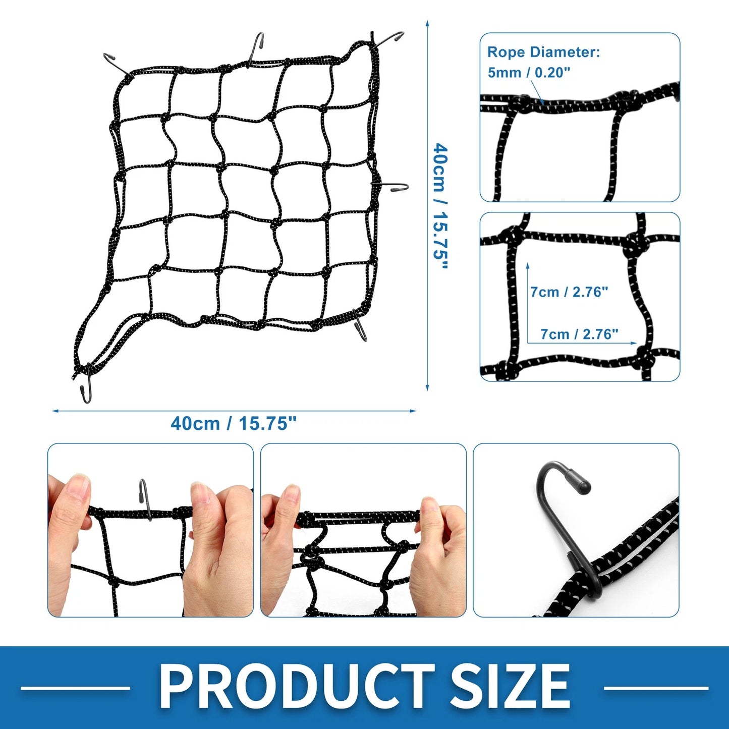 Luggage Cargo Net 40x40cm for Motorcycle Black 1pc