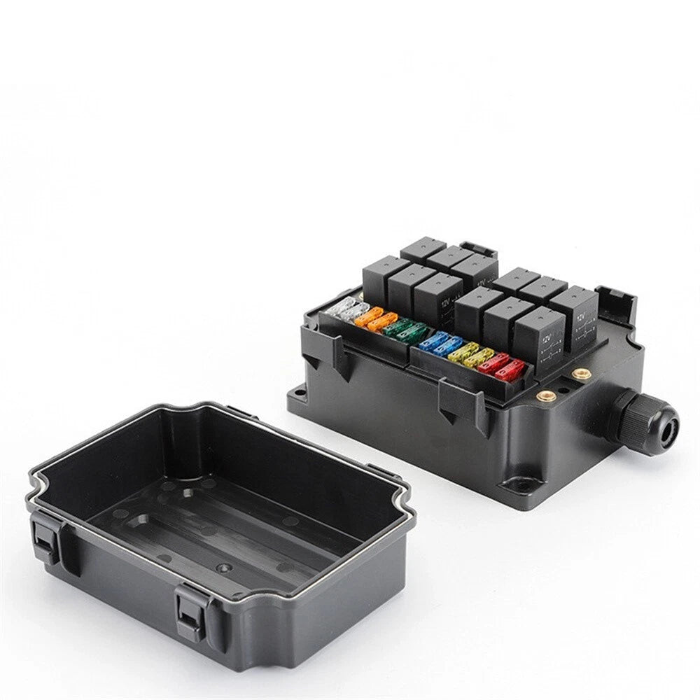 12V 12-Way Fuse Relay Box w/ 5-Pin 40A Relays & Fuses for Car Truck