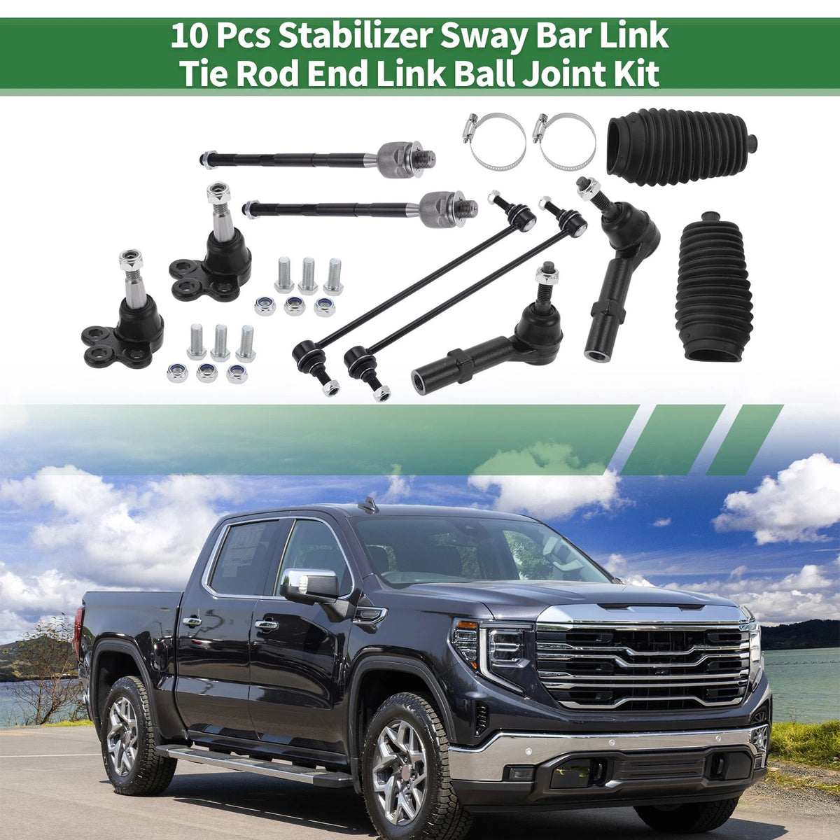 10 Pcs Front Suspension Kit Tie Rod Ends Front Sway Bar Link Ball Joint for GMC