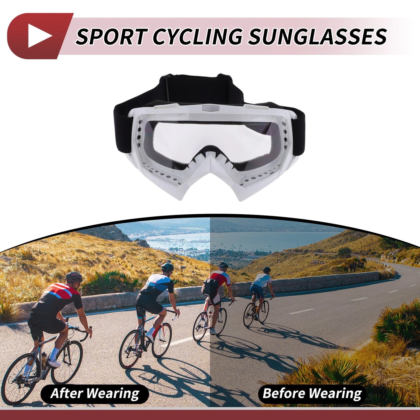 Motorcycle Riding Goggles with Transparent Lenses, White Frame Sunglasses