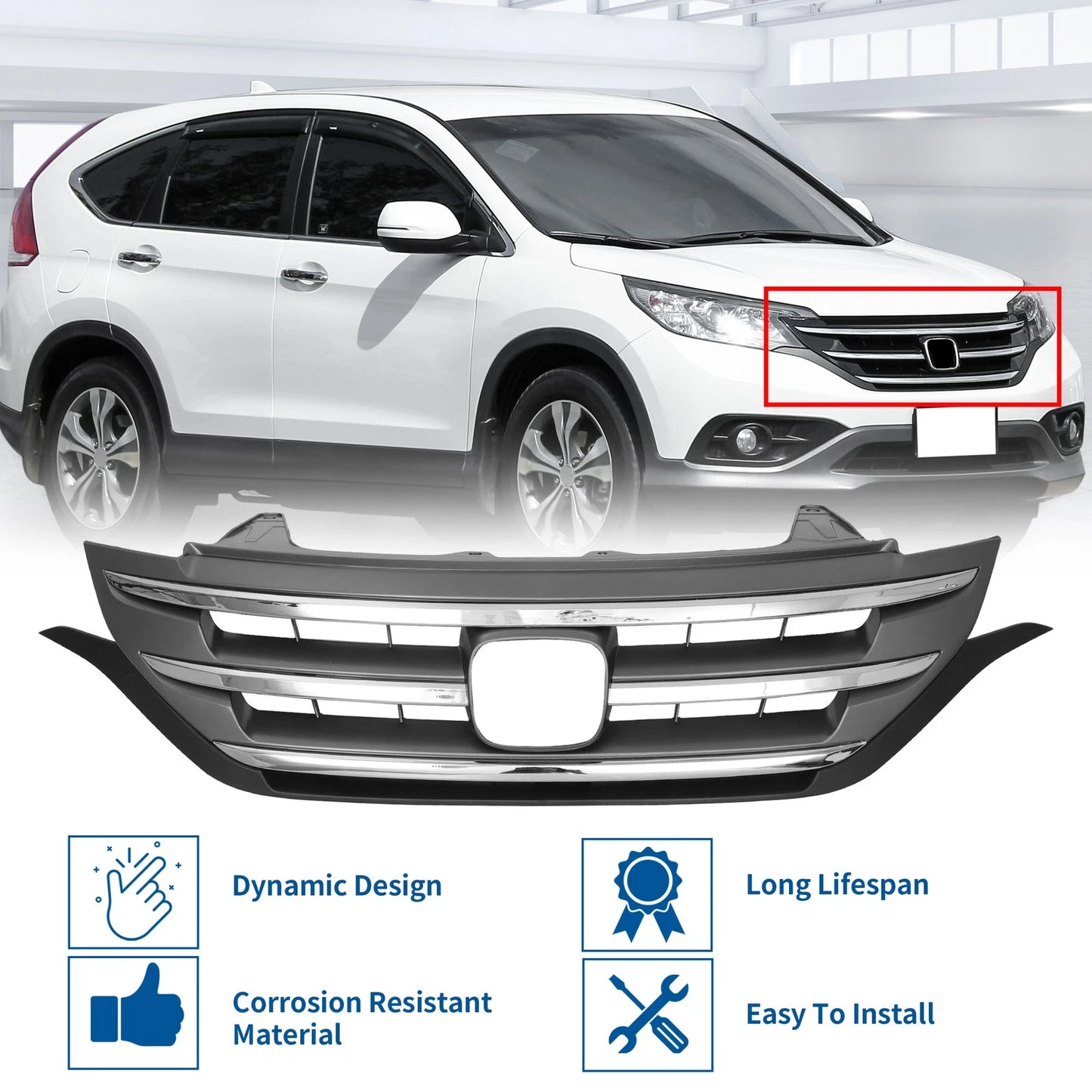 Front Upper Bumper Grille for Honda CR-V (2012-2014) Chrome Silver Tone