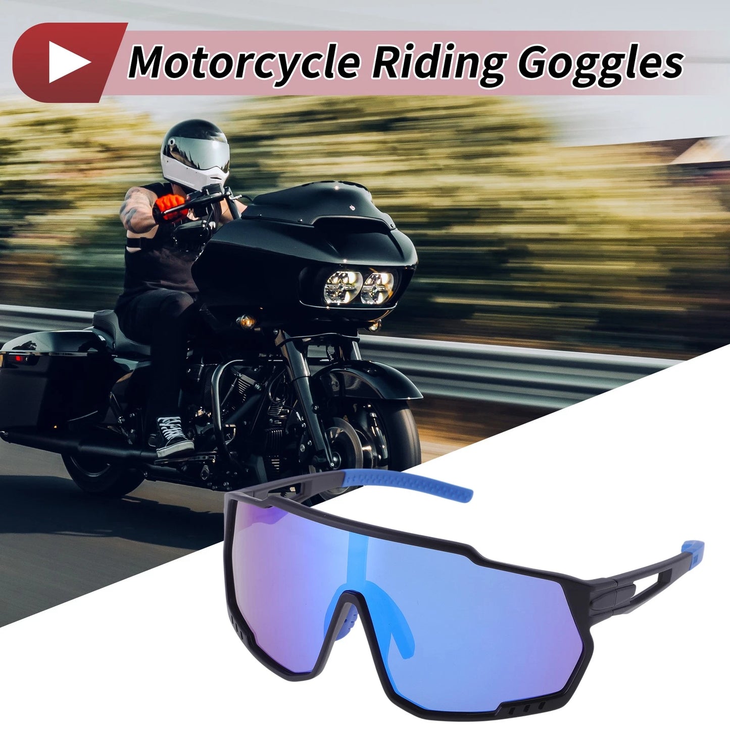 Motorcycle Riding Goggles Blue Lens Black Frame PC Outdoor Sports Sunglasses